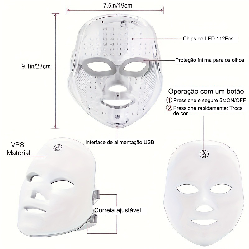 Máscara Facial LED 7 Cores Profissional Clareamento de Pele Controle de Acne e Redução de Poros Tratamento Caseiro POPYO
