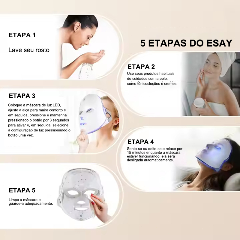Máscara Facial LED 7 Cores Profissional Clareamento de Pele Controle de Acne e Redução de Poros Tratamento Caseiro POPYO